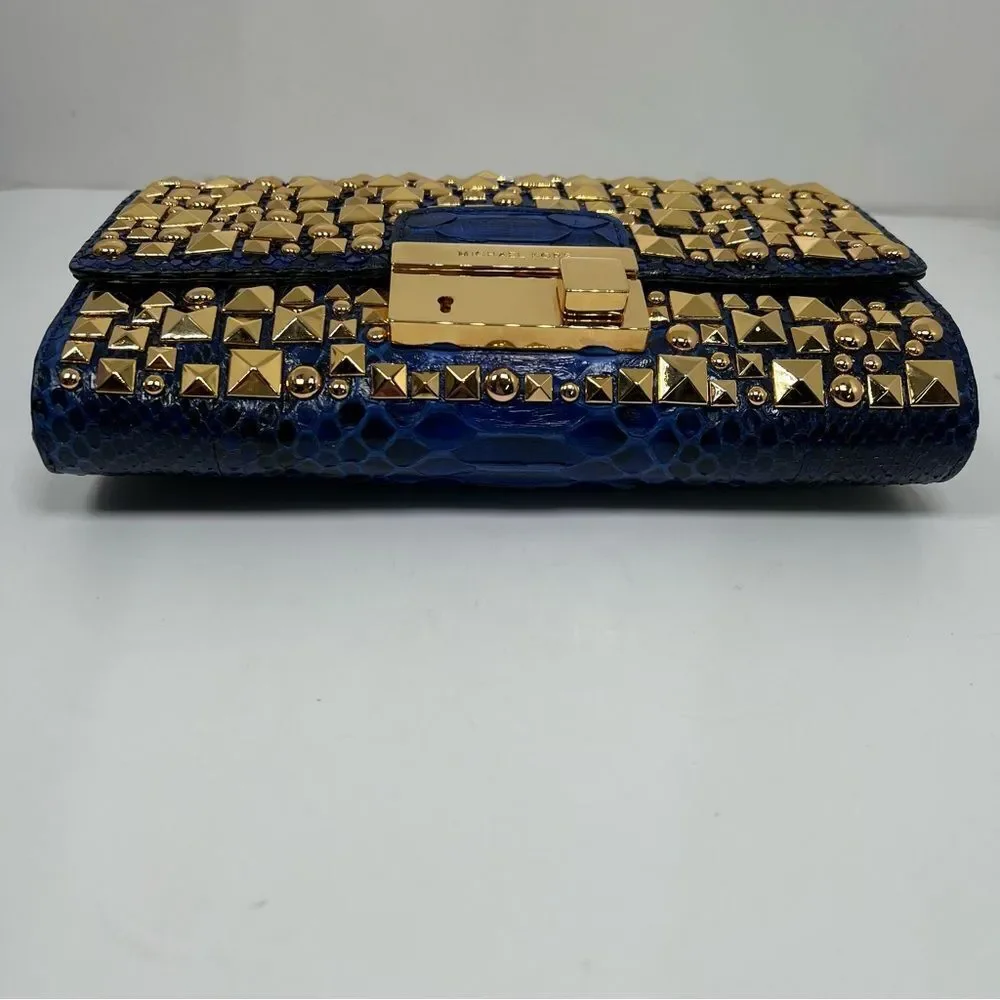 Michael Kors Python Studded Gia Clutch Bah Blue and Gold